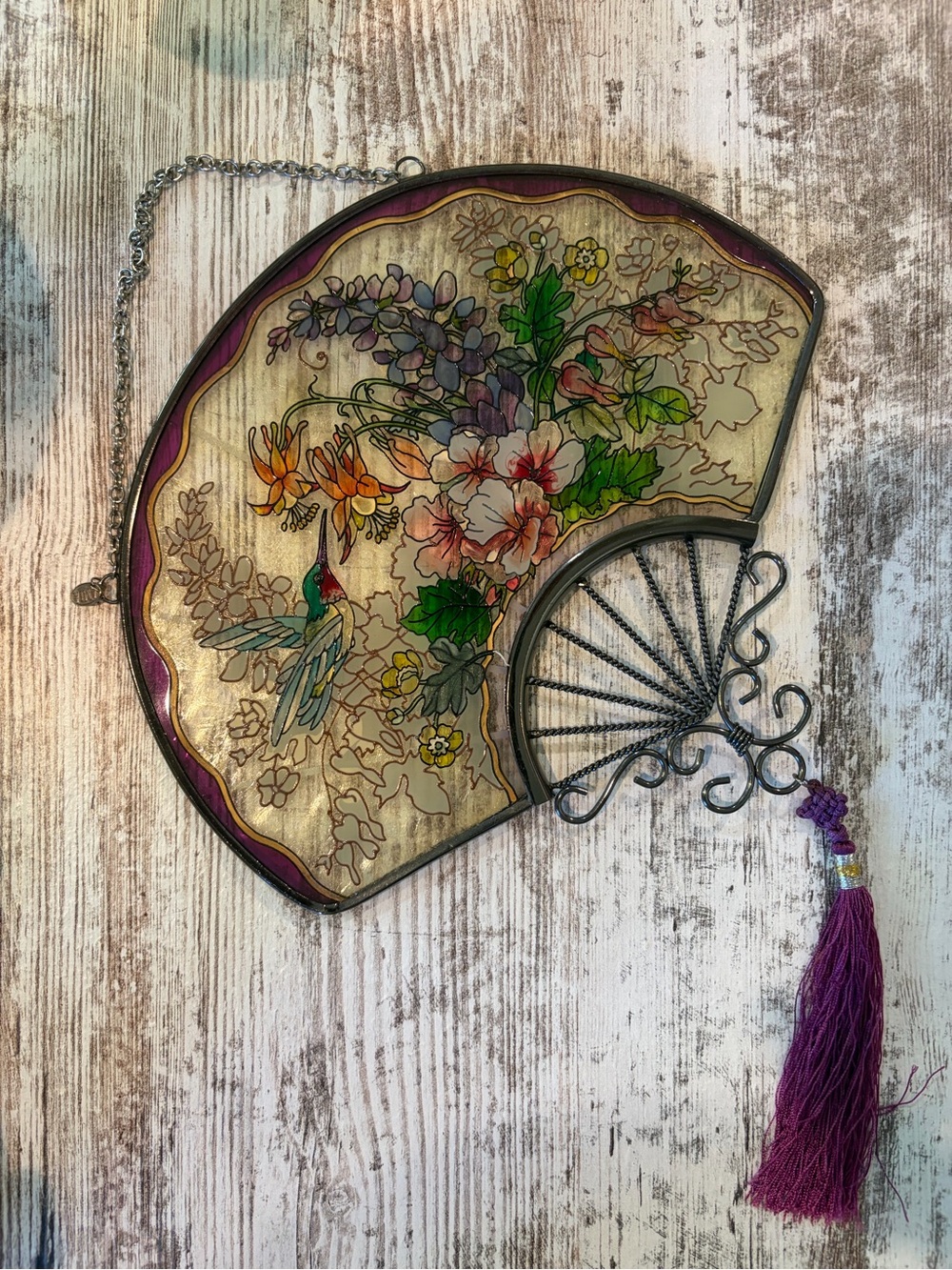 Hand-Painted Hummingbird & Floral Fan Stained Glass Sun-catcher